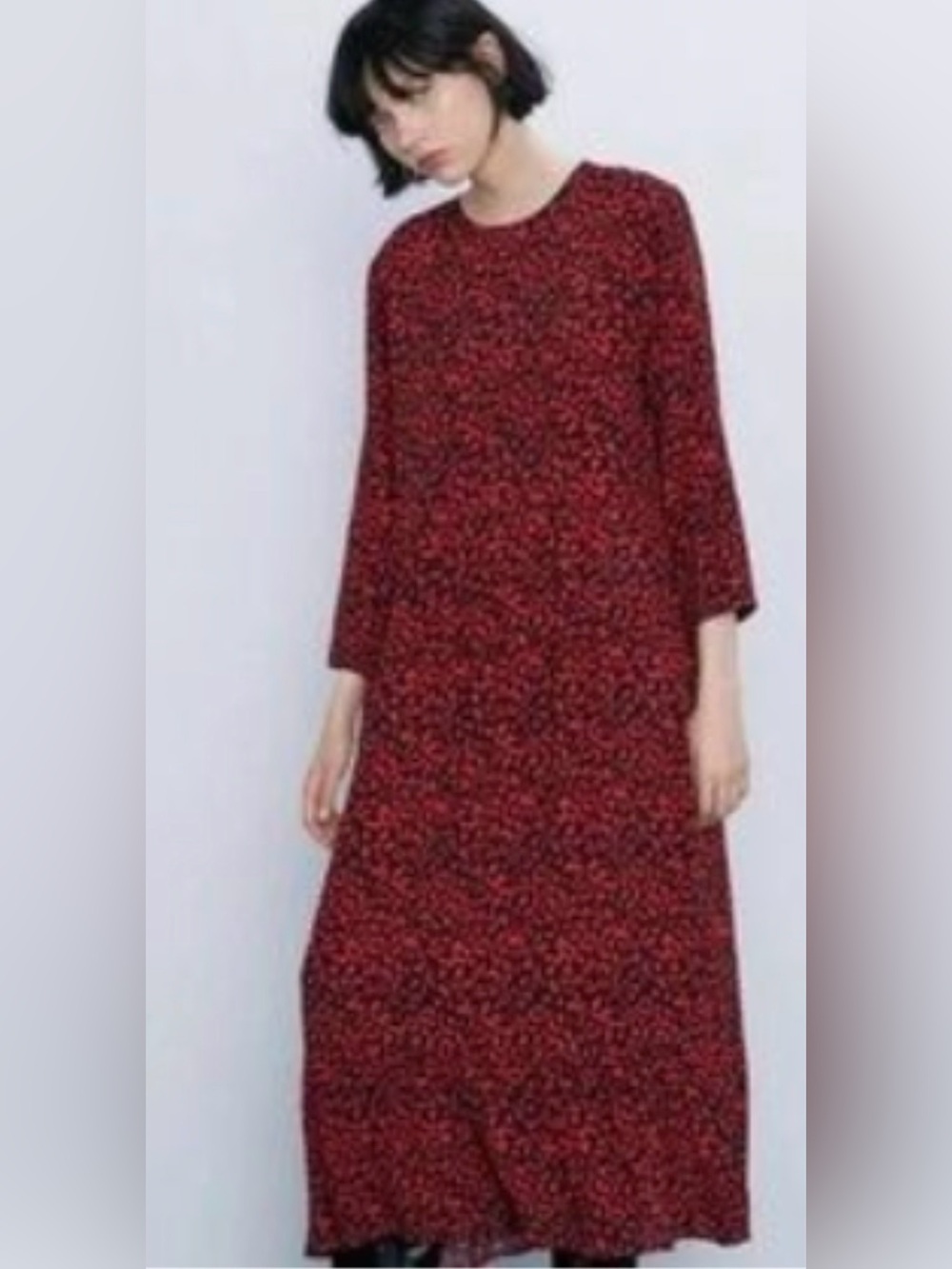 ZARA Red & Black Print Loose Fit Long Midi Dress Sz XL